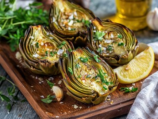 Stock photo of roasted artichokes with garlic and olive oil, arranged on a rustic wooden platter, garnished with fresh herbs and a side of lemon wedges for an elegant touch
