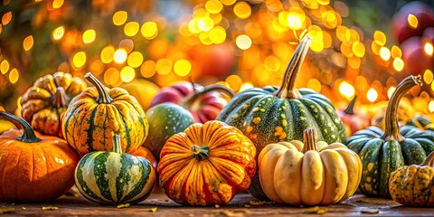 Stunning bokeh photography showcases autumn's harvest: vibrant gourds, fall decor, and Thanksgiving themes.
