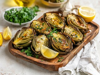 Stock photo of roasted artichokes with garlic and olive oil, arranged on a rustic wooden platter, garnished with fresh herbs and a side of lemon wedges for an elegant touch