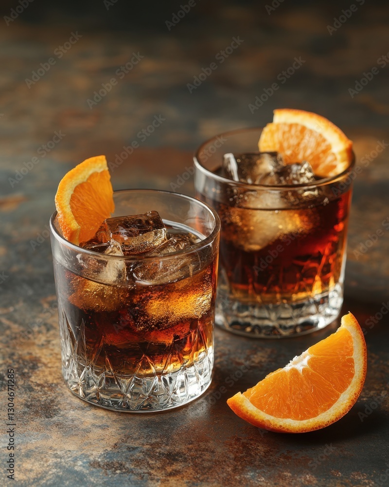 Poster refreshing whiskey cocktail with ice and orange garnish on rustic surface capturing a moody atmosphe