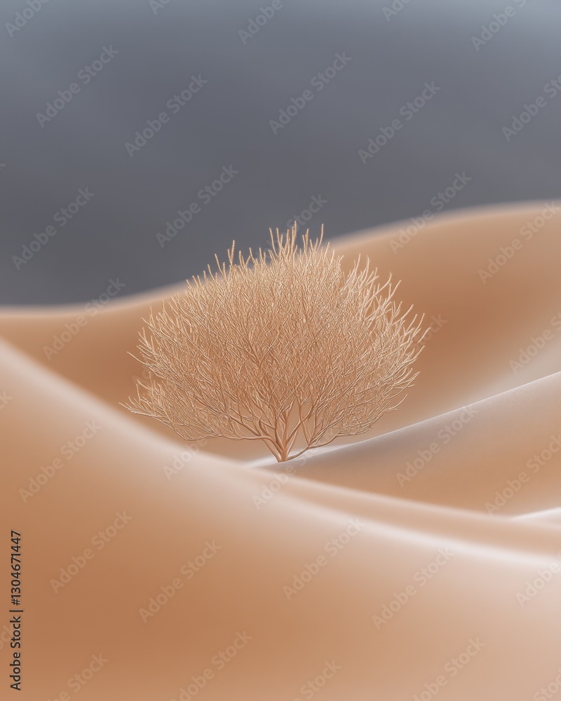 Poster serene minimalist desert landscape featuring a solitary dry tree against a soft sand dune backdrop c
