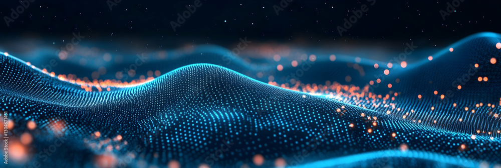 Poster technology background with connected dots on a 3d wave landscape -