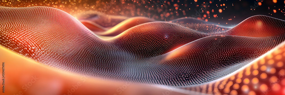 Poster technology background with connected dots on a 3d wave landscape -