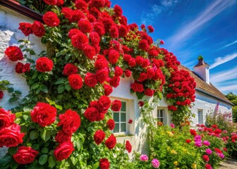 Obraz premium Stunning landscape photo: a wall-framed garden explodes with red roses under a brilliant blue sky.