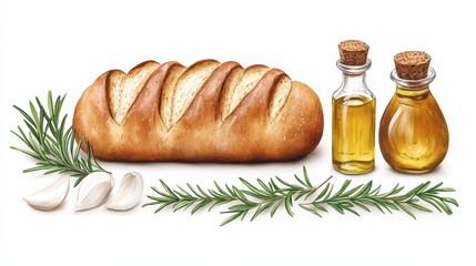 Minimalistic Watercolor Composition of Fresh Bread, Olive Oils, Garlic, and Rosemary Elements