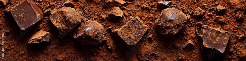 Poster chunks of dark chocolate lie on a cocoa powder-dusted surface. concept of indulgence and richness. f