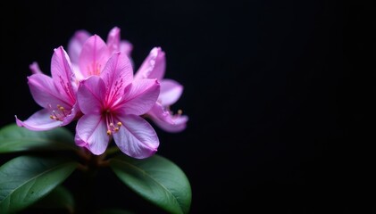 Delicate purple rhododendron blossoms and fresh green leaves against a stark black backdrop , bud, aesthetic