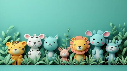 Naklejka premium Eco-friendly concept, A colorful collection of cute animal figurines surrounded by vibrant greenery, perfect for kids' rooms and playful decor. Copy space, commercial use