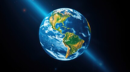 Fototapeta premium Earth Globe View From Space with Light Beam and Dark Background