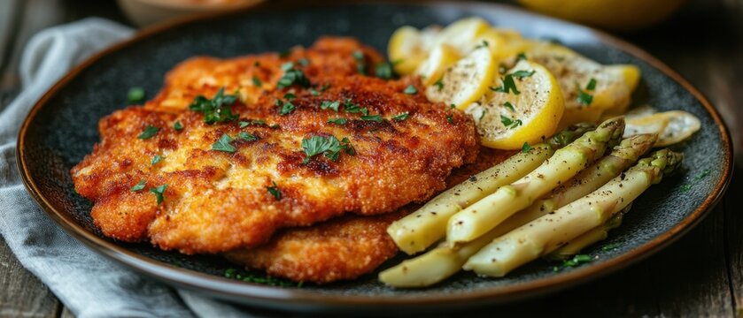 Crispy golden schnitzel served with fresh lemon slices and asparagus on a rustic plate for a delicious meal culinary delight