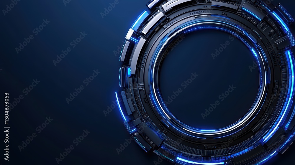 Poster futuristic design of a circular frame with cool blue lights and abstract elements