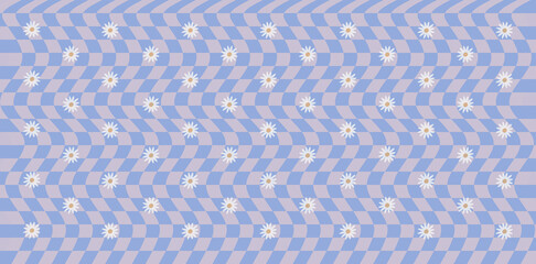 Pattern of small daisies on blue-pink trippy background. Funky seasonal seamless design	