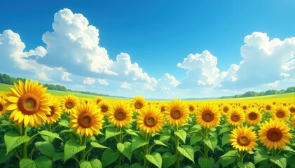 Fototapeta premium Expansive field of sunflowers bathed in sunlight, contrasting with a vivid blue sky and cumulus clouds , agriculture, blue, hd