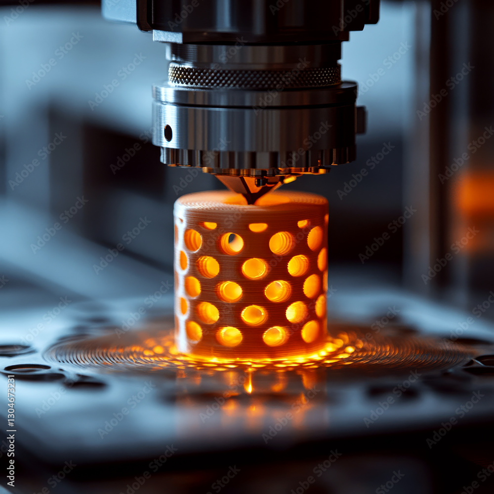 Poster a 3d printer is creating a cylindrical object with holes, illuminated warmly. concept of advanced ma