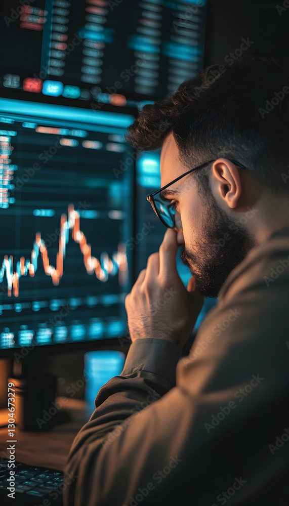 Poster trader analyzing stock charts and financial graphs for market trends -