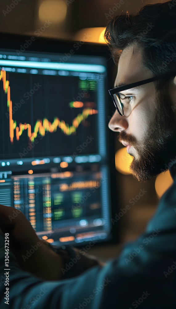 Poster trader analyzing stock charts and financial graphs for market trends -