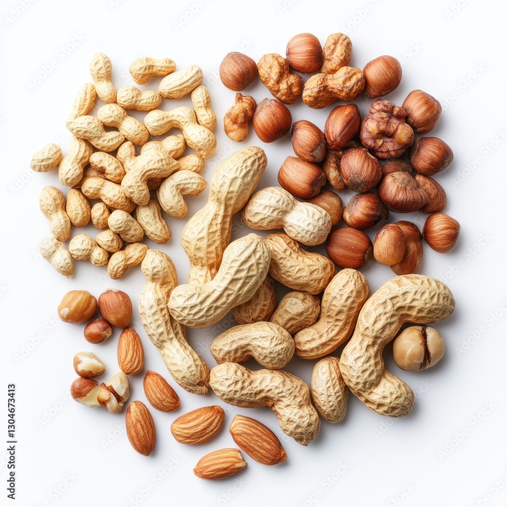 Aufkleber assorted nuts arrangement on a white background featuring peanuts hazelnuts and almonds creating a h