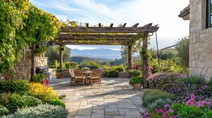 Fototapeta premium Scenic Patio With Wooden Pergola And Mountain View