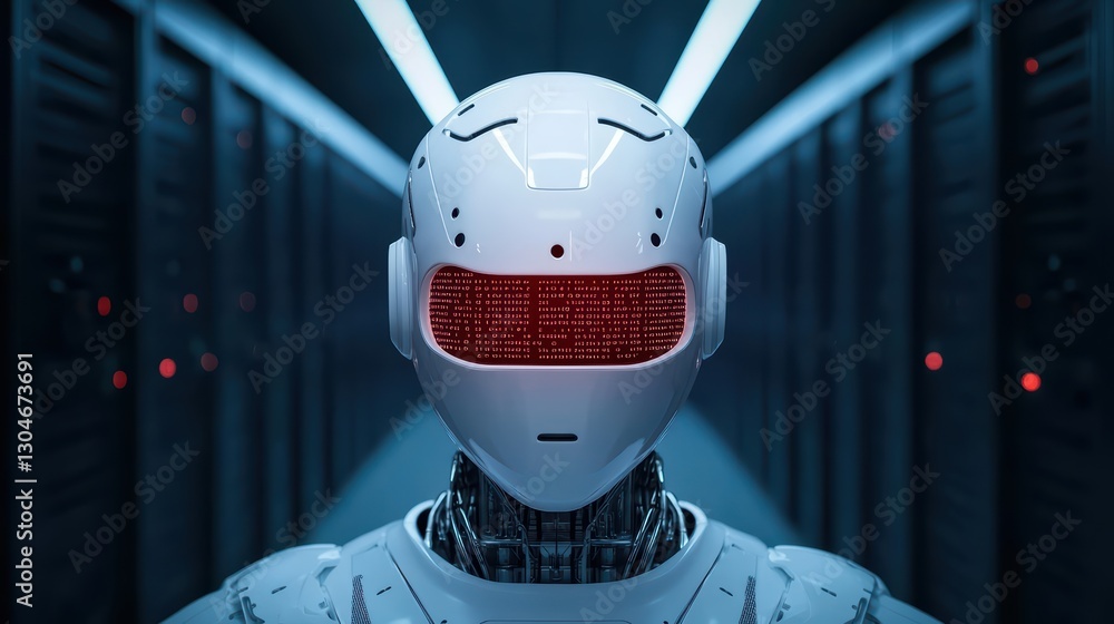Poster futuristic robot in data center with red eyes and high-tech surroundings