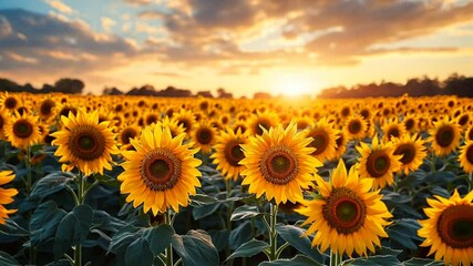 A vibrant sunflower field at sunset, showcasing nature's beauty and tranquility.