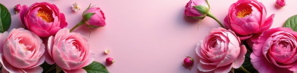 Luscious pink peonies and roses, abundant blooms, blank space , white space, bloom, macro