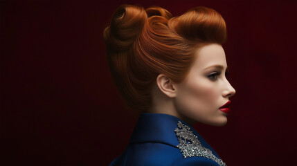 Fototapeta premium A striking portrait of an eccentric woman with vibrant red hair in an elegant updo, wearing a tailored blue suit and a crystal-embellished jacket, gazing away in a side profile with soft lighting agai