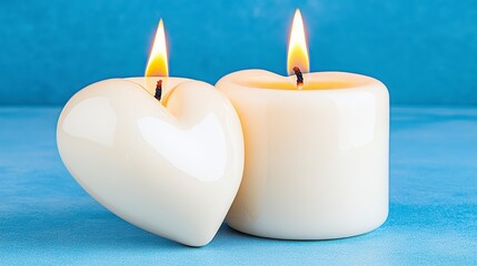 Two Lit Cream Candles, Heart Shaped, On Blue Background