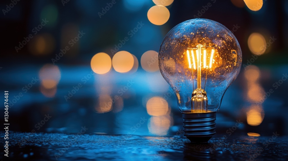 Poster bright light bulb illuminated in the foreground with blurred urban lights in the background during t