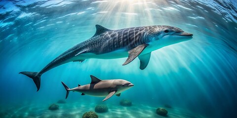 Obraz premium Minimalist Ocean Giants: Bottlenose Dolphin & Whale Shark Encounter