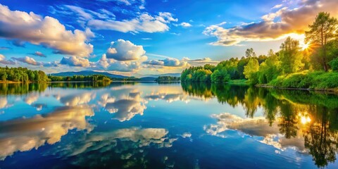 Tranquil lake mirroring a peaceful sky; serene nature photography, a relaxing landscape background.
