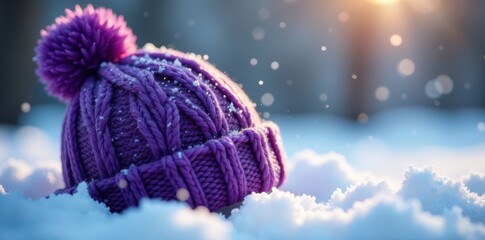 Purple knit hat, fresh snow, soft snowfall, shimmering lights , wool, scene