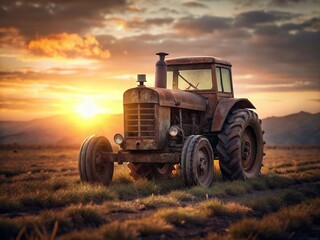 Fototapeta premium Minimalist Old Farm Tractor in a Sunlit Field - Vintage Agricultural Machinery Stock Photo