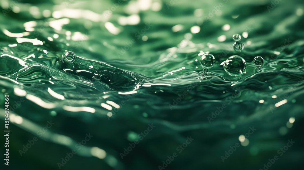 Poster tranquil emerald liquid surface shimmering with scattered light and floating air bubbles creating a 