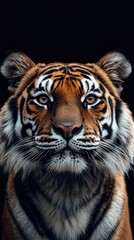 Fototapeta premium Majestic Tiger Portrait Captivating Gaze Intense Stare Striking Orange and Black Stripes Fur Detail Wild Animal Beauty Dark Background Studio Shot