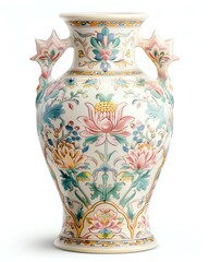 A beautifully designed ceramic vase adorned with floral patterns and vibrant colors.