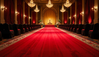 Obraz premium Grand ballroom with red carpet for event planning sites, wedding blogs, and venue selection guides