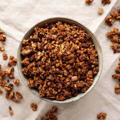 Homemade Healthy Chocolate Granola in a Bowl, top view.