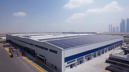 Fototapeta premium Eco-Friendly Logistics Warehouse with Integrated Solar Panels Offering Sustainable Solutions for Efficient Operations and Environmental Responsibility