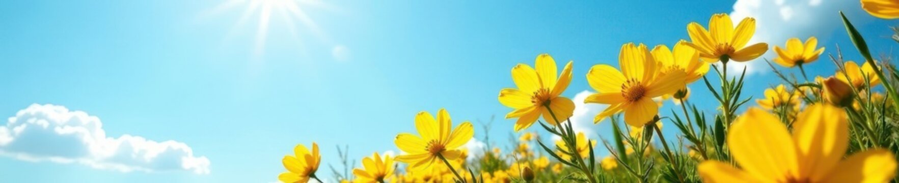 Sunlit yellow fynbos flowers against blue sky, blossom, nature
