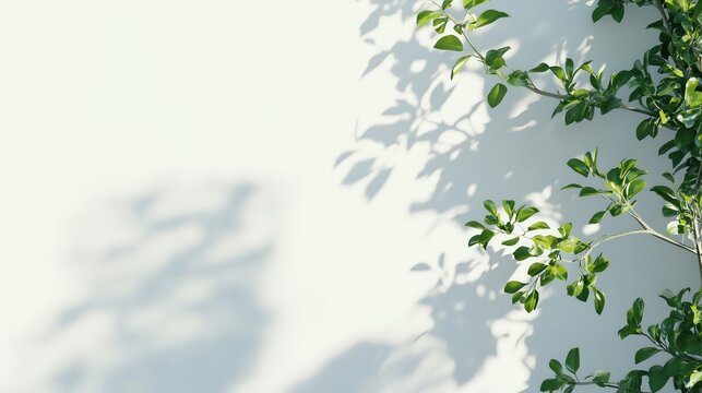 White wall photo, front view with green tree around it, lights and shadows, minimalist background