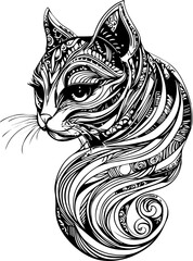 SVG vector features zentangle animal designs. Elegant Black and White Decorative Cat Illustration Design