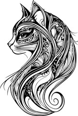 SVG vector features zentangle animal designs. Intricate Black and White Cat Illustration with Patterns
