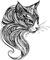 SVG vector features zentangle animal designs. Intricate Cat Line Art with Whimsical Patterns and Designs
