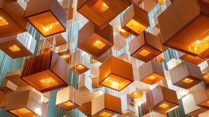 Illuminated Wooden Cubes Installation: A mesmerizing array of glowing wooden boxes suspended from the ceiling, creating a captivating light and shadow play.