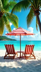Obraz premium Two deckchairs under a striped parasol, palm trees sway nearby , sun, green