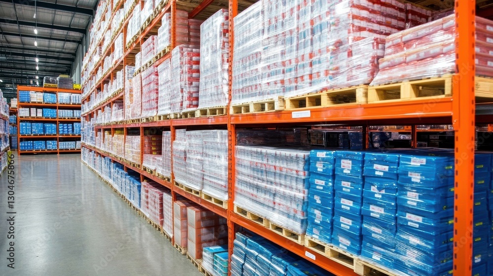Poster efficient automated storage and retrieval systems in action inside a warehouse showing organized she