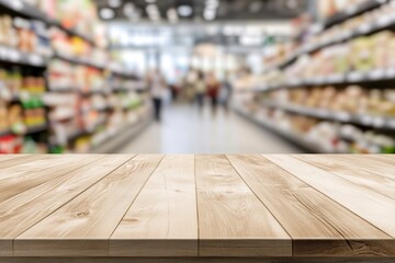 Showcase Wooden Tabletop in Busy Grocery Store Background for Retail Displays