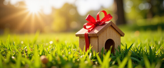 Miniature wooden house with red bow on grass in sunlight for housewarming invitations, real estate marketing, and property celebration designs