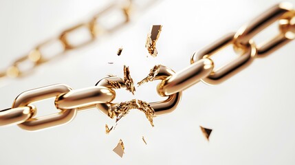 broken golden chain, in the style of hyper-realistic, on a white background. Conceptual design for freedom and breaking free from constraints  or barriers