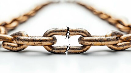 broken golden chain, in the style of hyper-realistic, on a white background. Conceptual design for freedom and breaking free from constraints or  barriers